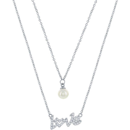 Classic Women's Necklace - Sterling Silver CZ LOVE and Round FWP Layered | M-6875 ,