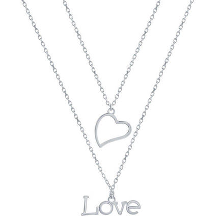 Classic Women's Necklace - Sterling Silver Heart and 'Love' Layered | L-4371 ,