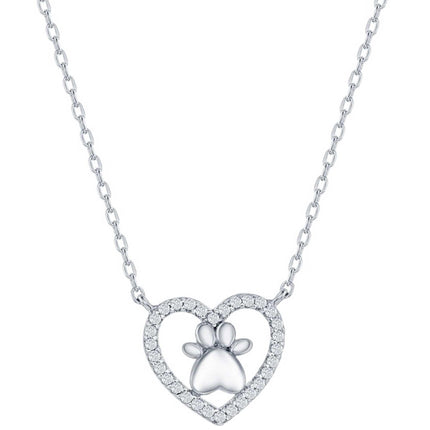 Classic Women's Necklace - Sterling Silver Heart Paw Print Design White CZ | M-7053 ,