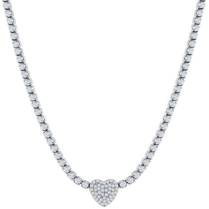 Classic Women's Necklace - Sterling Silver Heart Shape White CZ Tennis Style | M-7062 ,