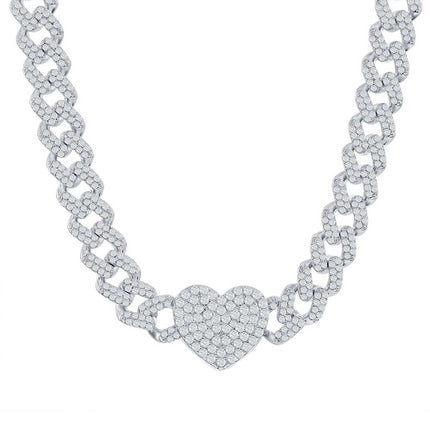 Classic Women's Necklace - Sterling Silver Micro Pave CZ Monaco Chain Heart | M-6922 ,