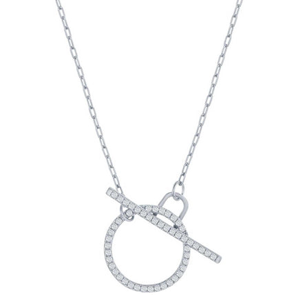 Classic Women's Necklace - Sterling Silver Paperclip White CZ Circle Toggle | M-6978 ,