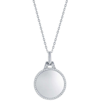 Classic Women's Necklace - Sterling Silver Polished Circle with CZ Border | M-7038 ,