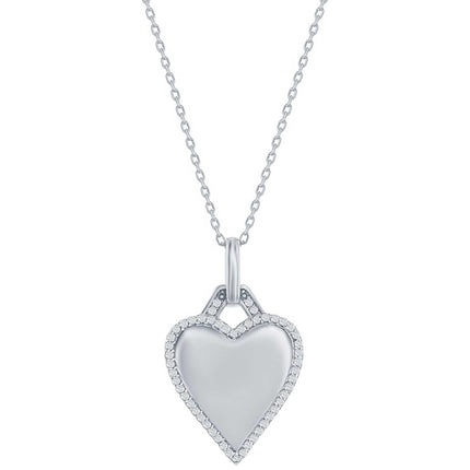 Classic Women's Necklace - Sterling Silver Polished Heart White CZ Border | M-7043 ,