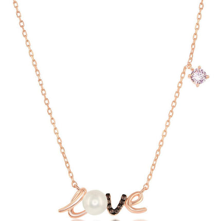 Classic Women's Necklace - Sterling Silver Rose Gold FWP and Pink CZ LOVE | M-6609 ,