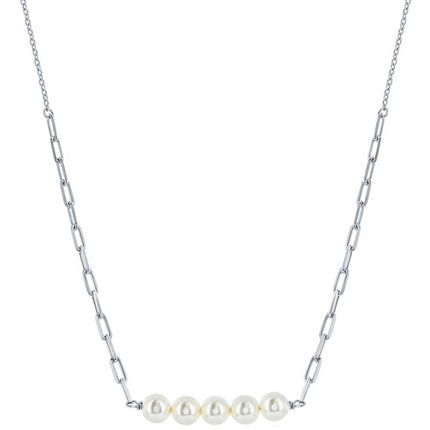 Classic Women's Necklace - Sterling Silver Round White Pearl Bar Paperclip | M-7087 ,