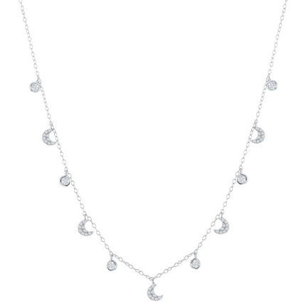 Classic Women's Necklace - Sterling Silver Station Round & Crescent Moon CZ | M-6809 ,