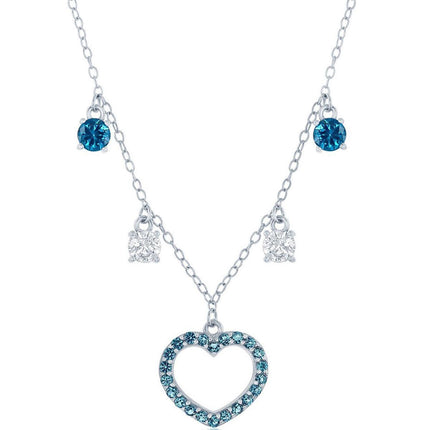 Classic Women's Necklace - Sterling Silver Station White and Blue CZ Heart | M-6942 ,