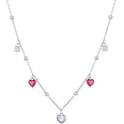 Classic Women's Necklace - Sterling Silver White and Ruby CZ Heart Beaded | M-6813 ,