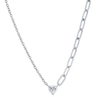 Classic Women's Necklace - Sterling Silver White CZ Heart and Half Paperclip | M-7077 ,
