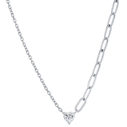 Classic Women's Necklace - Sterling Silver White CZ Heart and Half Paperclip | M-7077 ,