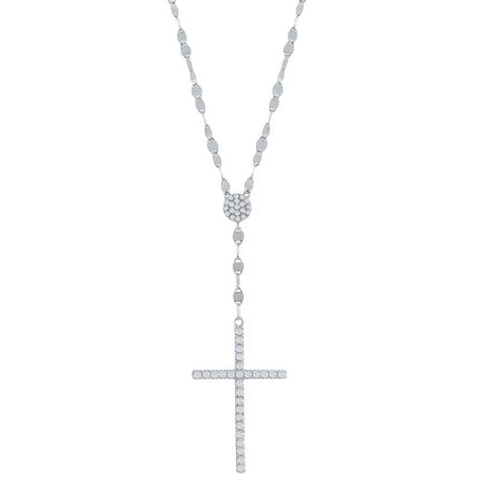 Classic Women's Necklace - Sterling Silver White CZ Stone Cross Mirror Chain | M-6997 ,