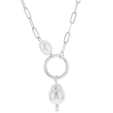 Classic Women's Necklace - Sterling Silver White Freshwater Pearl Paperclip | M-6959 ,