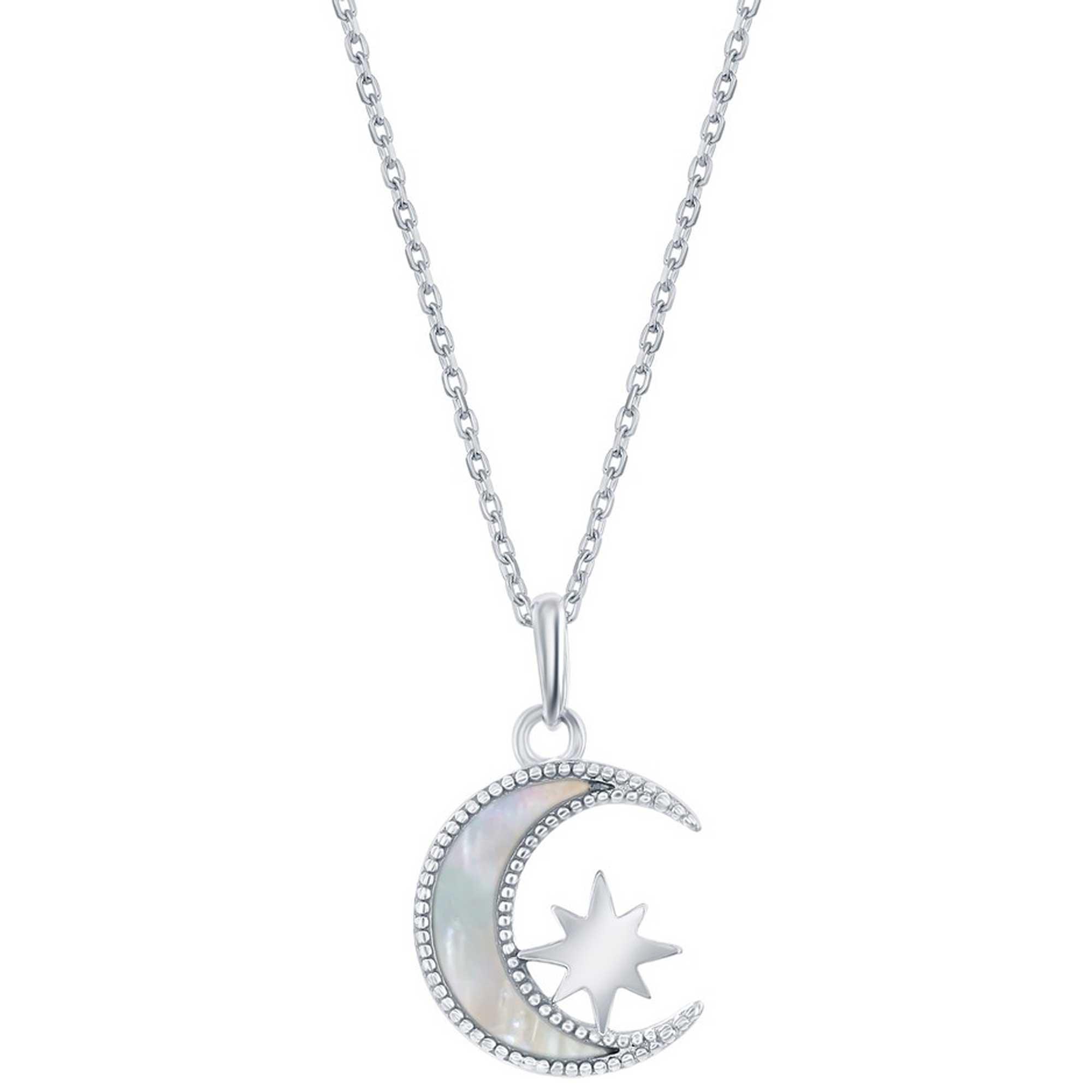 Classic Women's Necklace - Sterling Silver White MOP Crescent Moon with ...