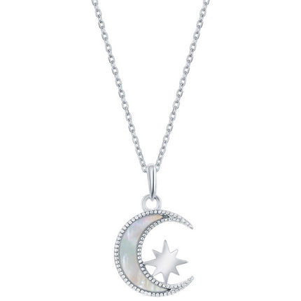 Classic Women's Necklace - Sterling Silver White MOP Crescent Moon with Star | M-6800 ,