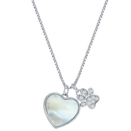 Classic Women's Necklace - Sterling Silver White MOP Heart and CZ Paw Print | M-7093 ,
