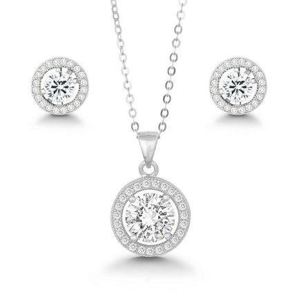 Classic Women's Pendant and Earrings Set - Large Round White CZ with Chain | SET-441 ,