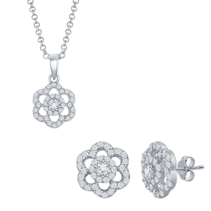 Classic Women's Pendant and Earrings Set - Sterling CZ Flower with Chain | SET-423 ,