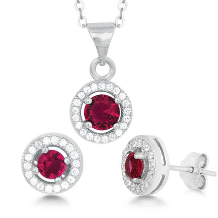 Classic Women's Pendant and Earrings Set - Sterling Silver Red CZ with Chain | SET-429 ,