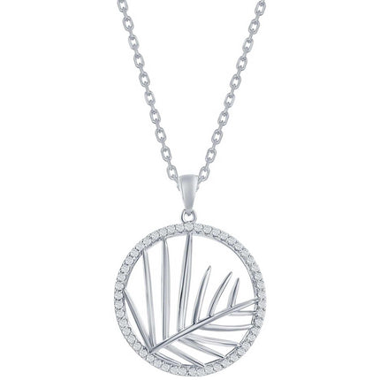 Classic Women's Pendant - Silver Round CZ Outline with Center Cut-Out Leaf | K-9043 ,