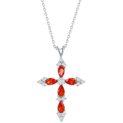 Classic Women's Pendant - Sterling Silver Orange and White CZ Cross | K-4113 ,