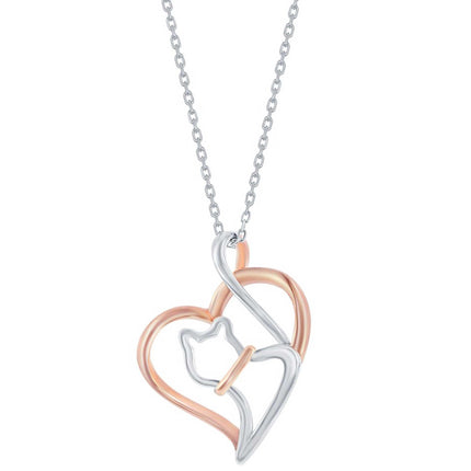 Classic Women's Pendant - Two-Tone Sterling Silver and Rose Gold Heart Cat | J-2784 ,