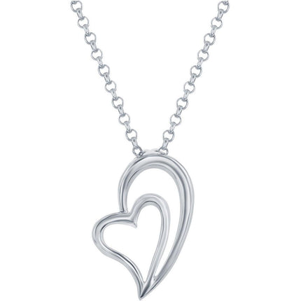 Classic Women's Pendant with Chain - Silver Heart Within Half a Heart Shape | J-2194 ,