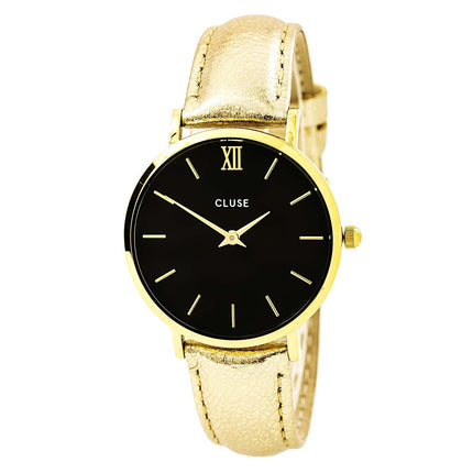 Cluse CL30037 Women's Minuit Black Dial Gold Metallic Leather Strap Quartz Watch ,