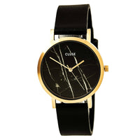 Cluse CL40104 Women's La Roche Petite Black Leather Strap Black Marble Dial Watch ,