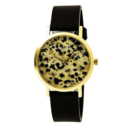 Cluse CL40105 Women's La Roche Petite Dalmatian Real Marble Dial Black Leather Strap Watch ,