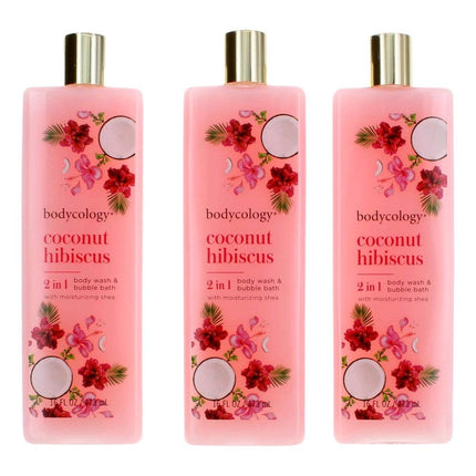 Coconut Hibiscus by Bodycology, 3 Pack 16 oz 2 in 1 Body Wash & Bubble Bath for Women ,