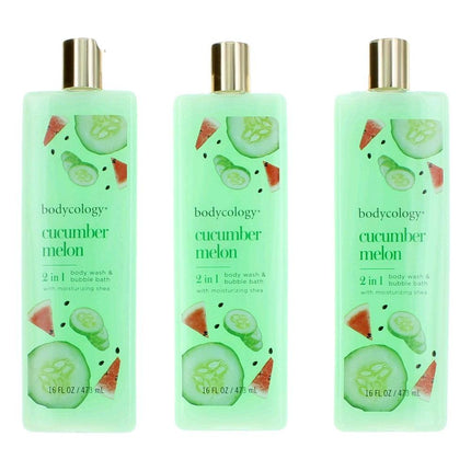 Cucumber Melon by Bodycology, 3 Pack 16 oz 2 in 1 Body Wash & Bubble Bath for Women ,