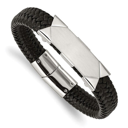 Stainless Steel Brushed and Polished Black Leather 8.5in ID Bracelet ,
