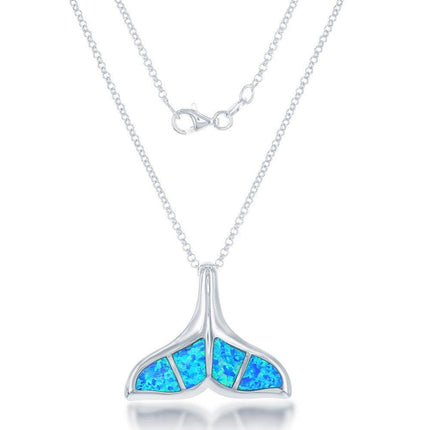 Sterling Silver Blue Inlay Opal Whale Tail Pendant ,
