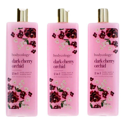 Dark Cherry Orchid by Bodycology, 3 Pack 16 oz 2 in 1 Body Wash & Bubble Bath for Women ,
