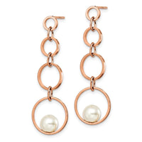 Stainless Steel Polished Rose IP-plated Simulated Pearl Post Dangle Earring ,