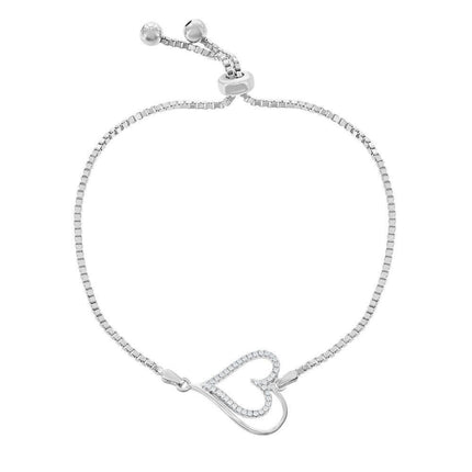 Sterling Silver Center Open CZ Heart and Beads Box Chain Bracelet ,