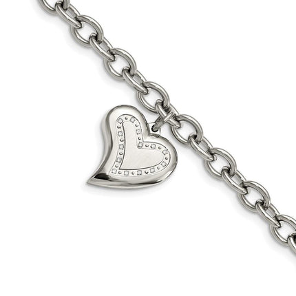 Stainless Steel CZ Heart Charm Fancy 7.5in Bracelet ,