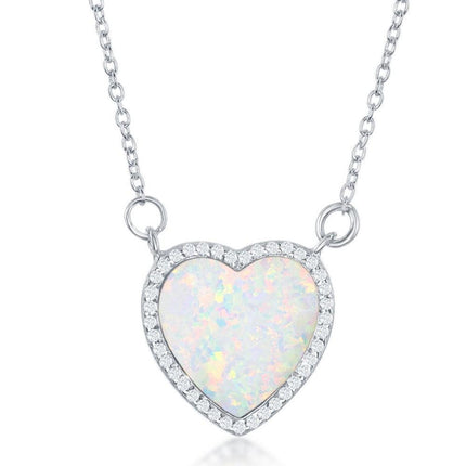 Sterling Silver White Inlay Opal Heart with CZ Border Necklace ,