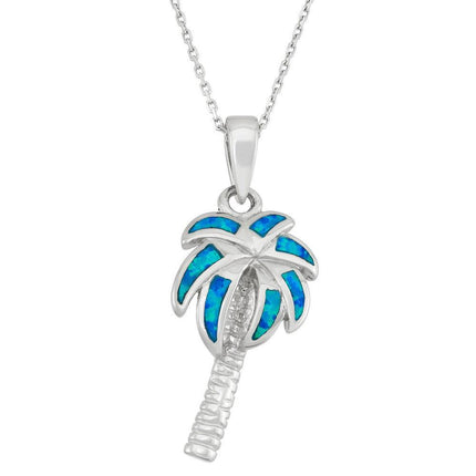 Sterling Silver Blue Inlay Opal Palm Tree Pendant ,