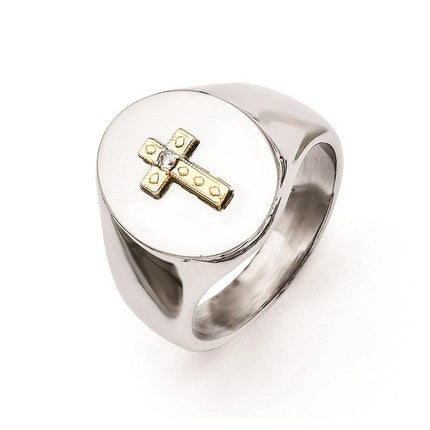 Stainless Steel with 10K Gold Cross and Diamond Polished Ring ,