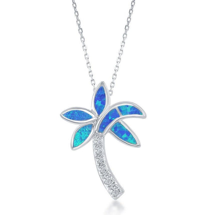 Sterling Silver Blue Inlay Opal Palm Tree Pendant ,
