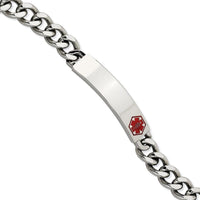 Stainless Steel Polished with Red Enamel 9.5in Medical ID Bracelet ,