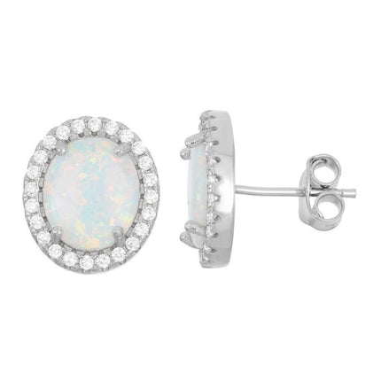Sterling Silver White Inlay Opal Oval Stud Earrings ,
