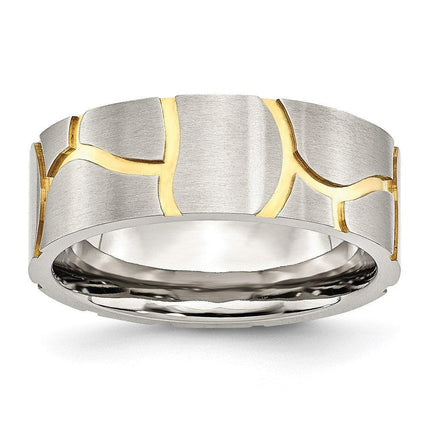 Stainless Steel Grooved Yellow IP-plated Mens 8mm Brushed Band ,