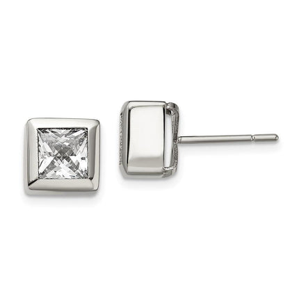 Stainless Steel Polished Square CZ Post Earrings ,