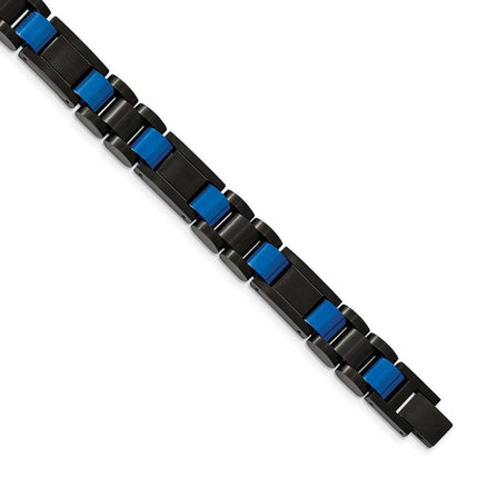 Stainless Steel Brushed & Polished Black & Blue IP-plated 8.75in Bracelet ,