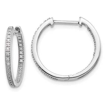 14K White Gold Polished Diamond In and Out Hinged Hoop Earrings ,