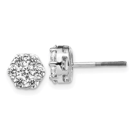 14k White Gold Diamond Cluster Screwback Earrings ,