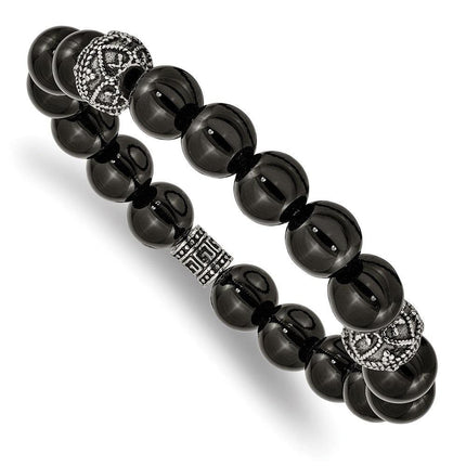 Stainless Steel Antiqued and Polished Black Agate Beaded Stretch Bracelet ,